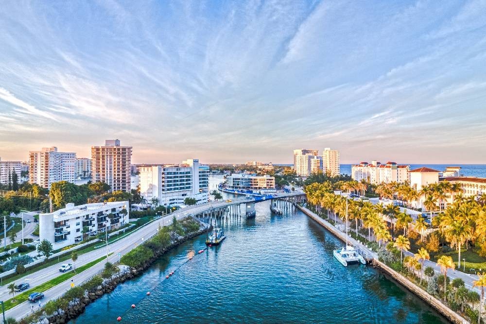 Aerial photograph of Boca Raton, Florida (FL), at sunset